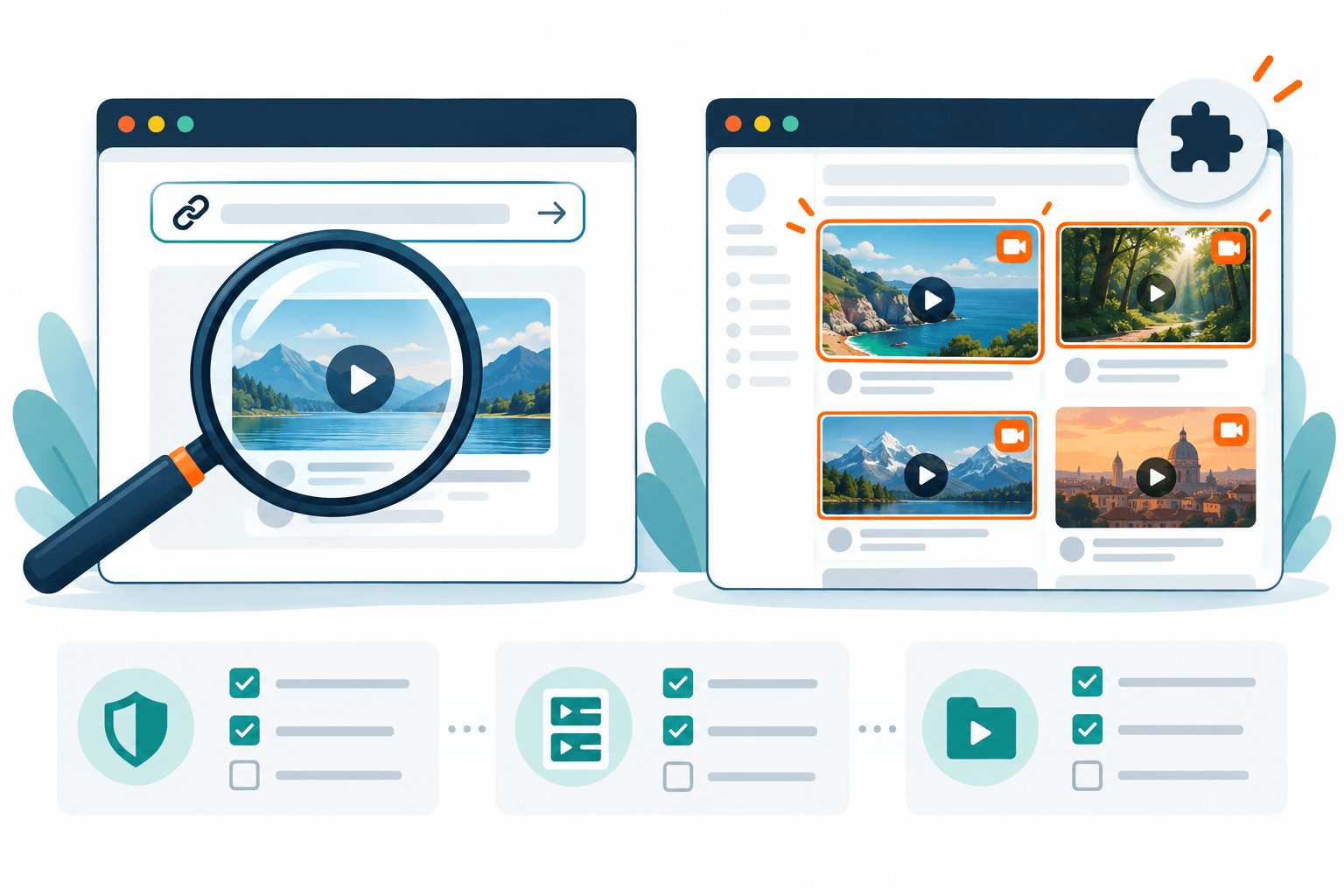 Concept illustration contrasting explicit-link inspection with extension detection on an open media page