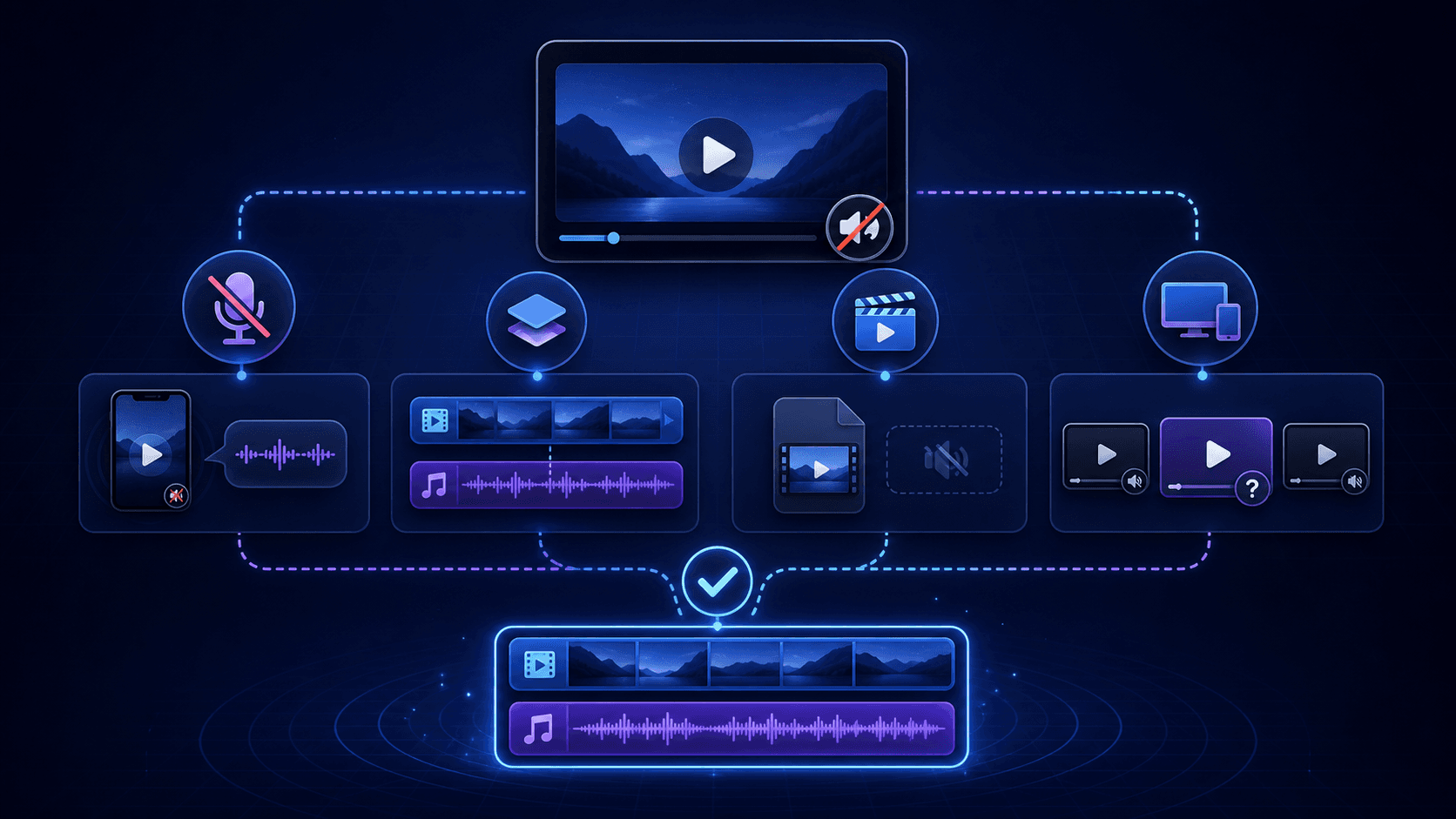 X video no-sound troubleshooting flow covering source audio, file tracks, and playback