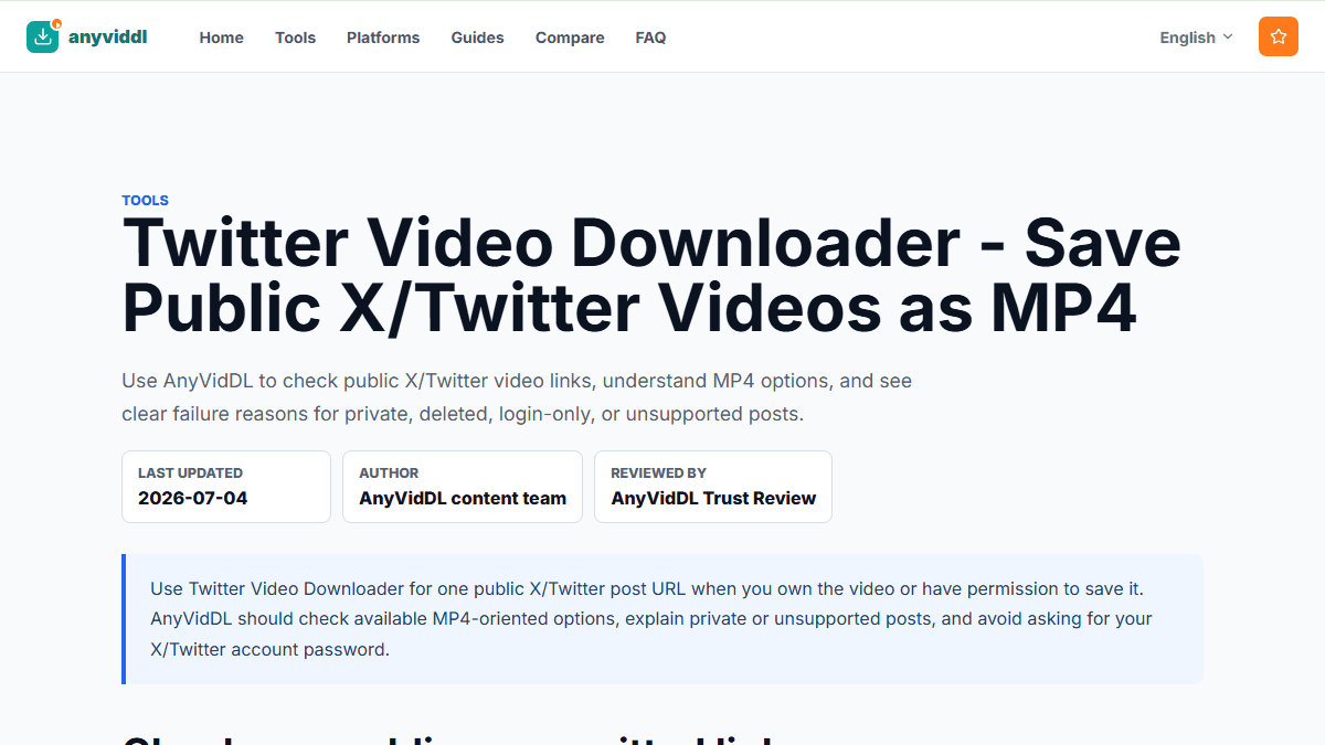 Twitter 동영상 다운로더: 공개 X 동영상을 MP4로 저장하기 안내를 보여 주는 AnyVidDL 작업 화면 Twitter 동영상 다운로더: 공개 X 동영상을 MP4로 저장하기 안내를 보여 주는 AnyVidDL 작업 화면