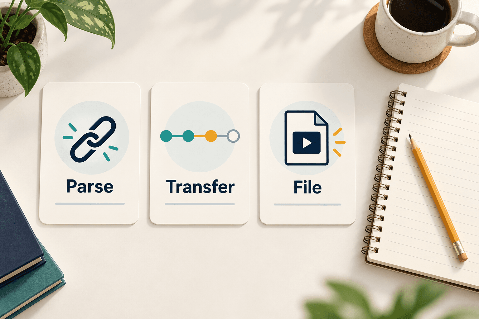 Three separate cards labeled Parse, Transfer and File beside a troubleshooting notebook Three separate cards labeled Parse, Transfer and File beside a troubleshooting notebook