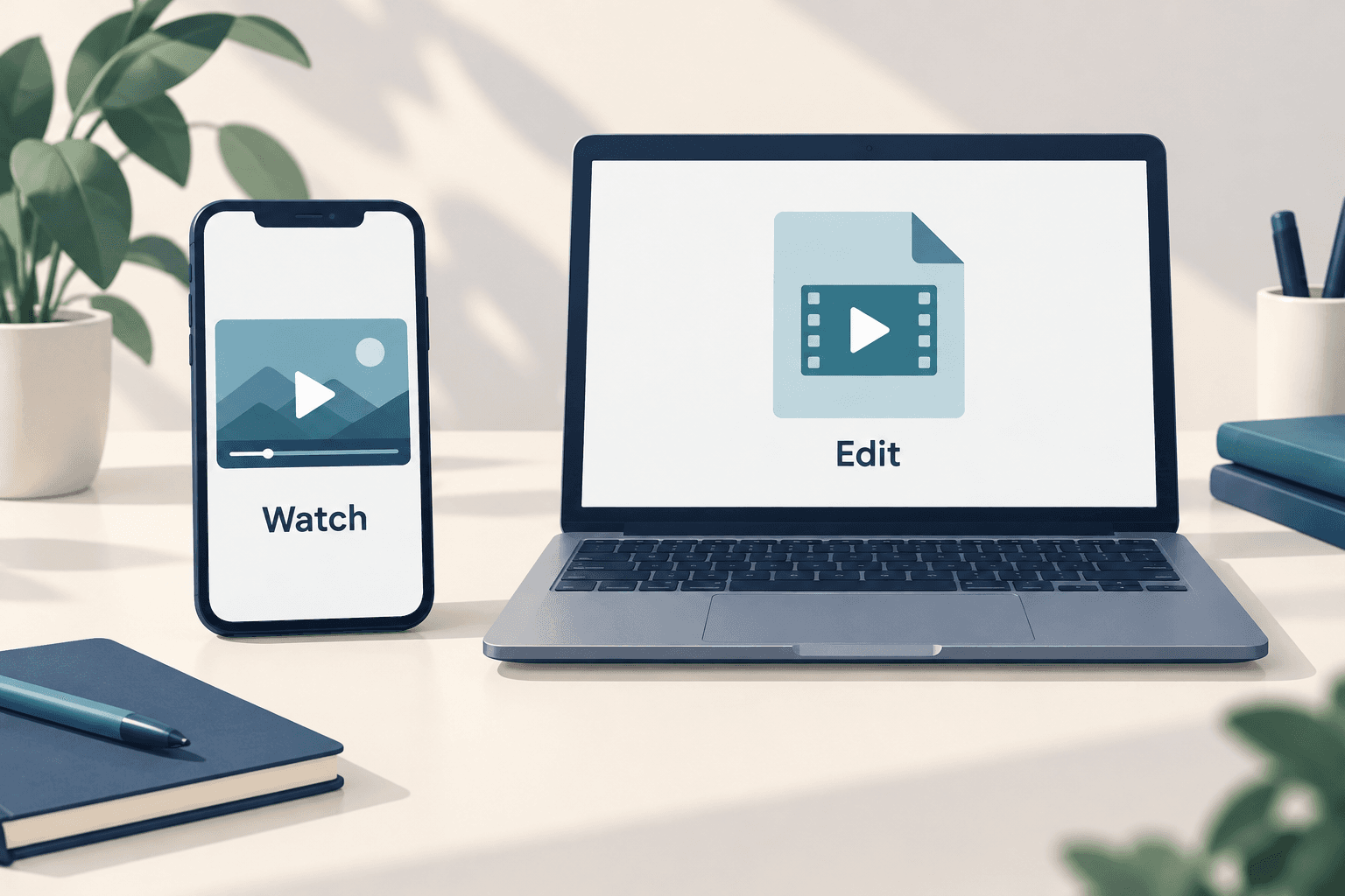 A conceptual phone video player and a separate editable video file on a laptop A conceptual phone video player and a separate editable video file on a laptop