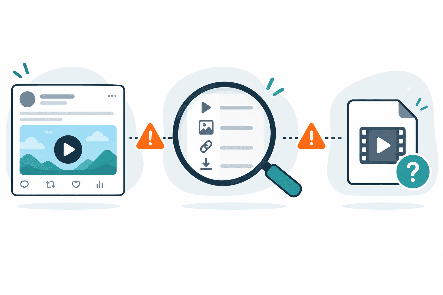 A public video post, media inspection and a local file shown as separate steps with a warning between them A public video post, media inspection and a local file shown as separate steps with a warning between them