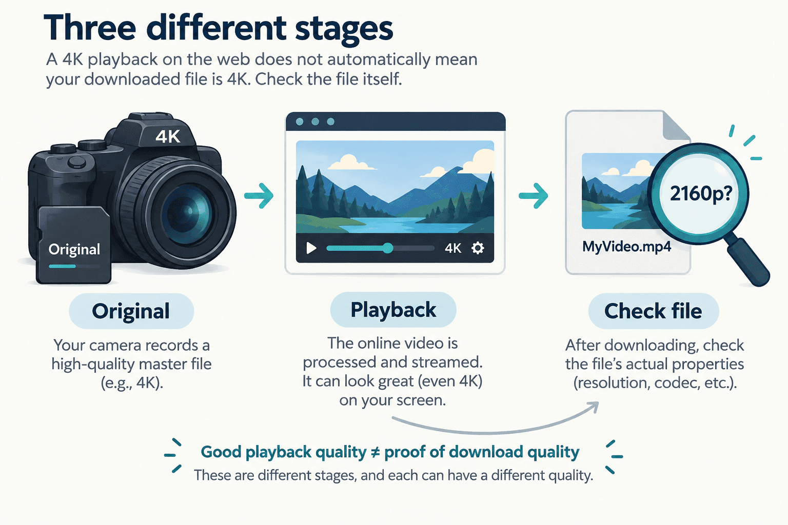Original file, playback screen, and saved-file inspection shown as three separate stages Original file, playback screen, and saved-file inspection shown as three separate stages