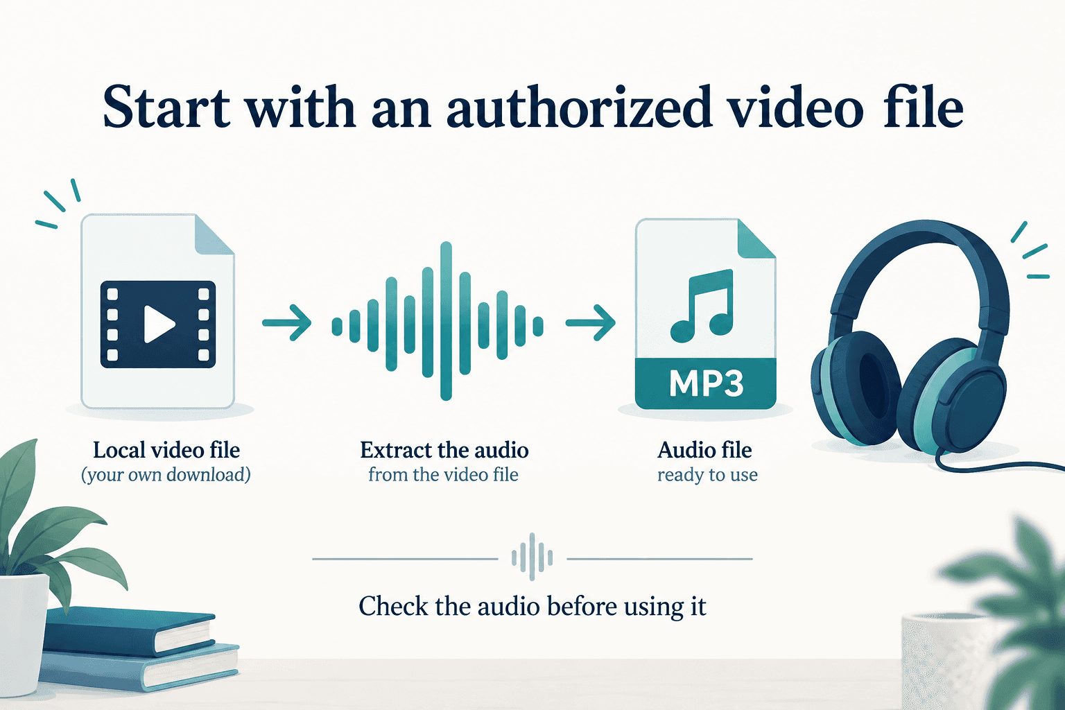 A local video file becomes an MP3 audio file, followed by a headphone listening check A local video file becomes an MP3 audio file, followed by a headphone listening check