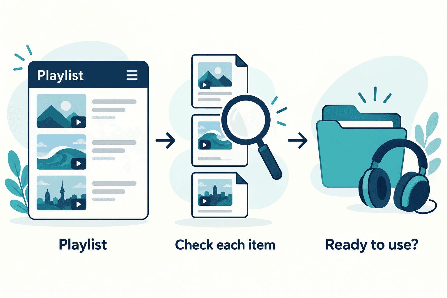 A playlist, individual video files under inspection, and a folder represent separate collection checks A playlist, individual video files under inspection, and a folder represent separate collection checks